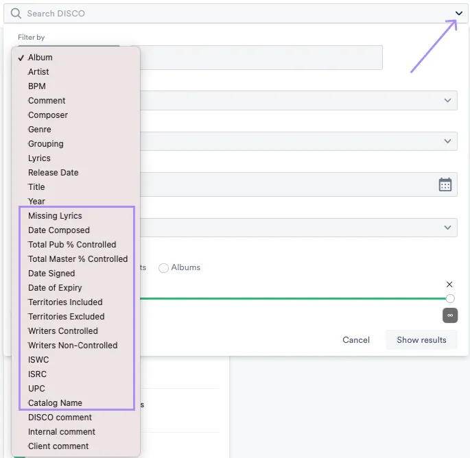 Advanced search metadata filter dropdown highlighting custom fields