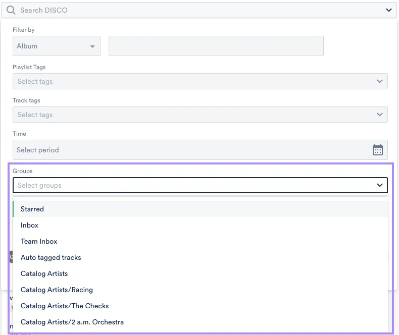 Groups filter highlighted in advanced search for filtering by Channels and Inboxes