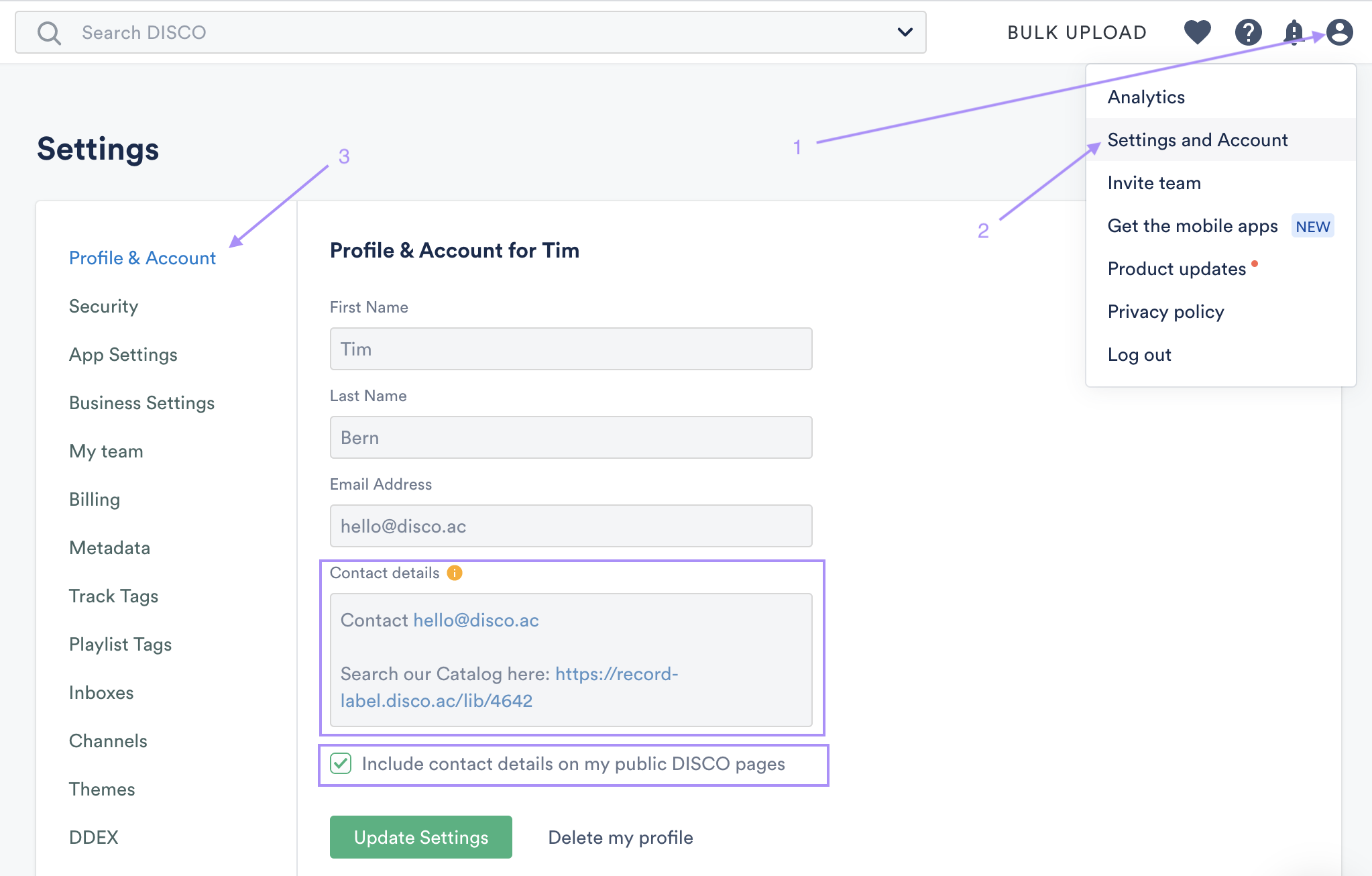 Profile and account view where contact info is pulled from