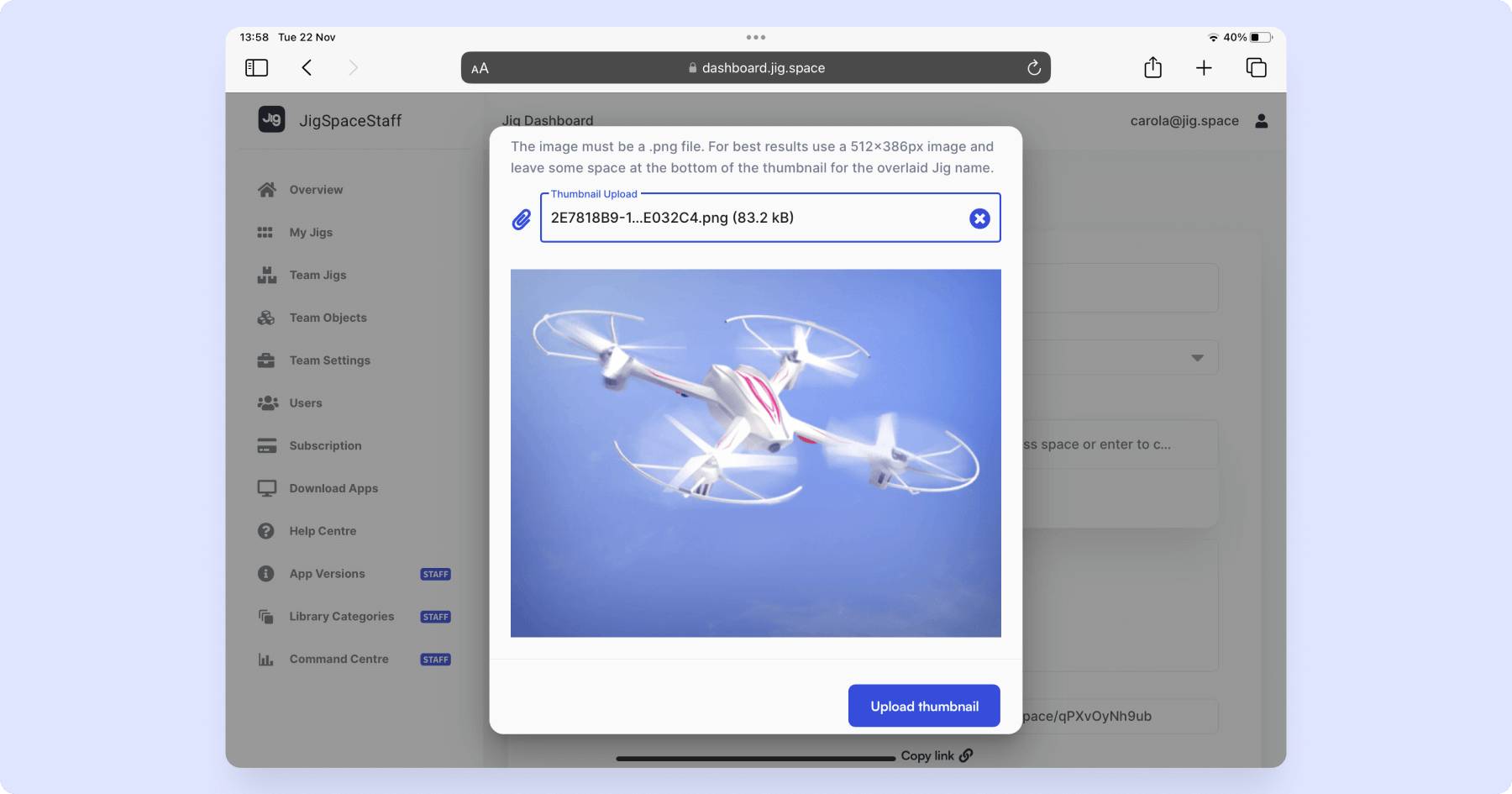 Uploading a custom thumbnail to Jig in JigSpace admin dashboard 