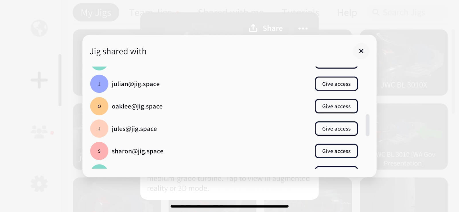 Giving access to JigSpace 3D models with specific teammates inside the JigSpace app