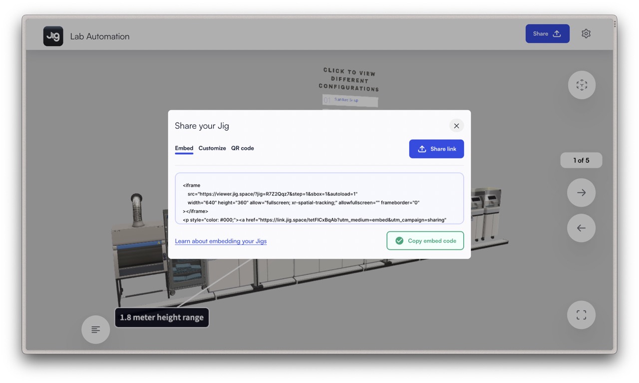 Copying an embed code from JigSpace 3D presentation to paste into Wordpress editor