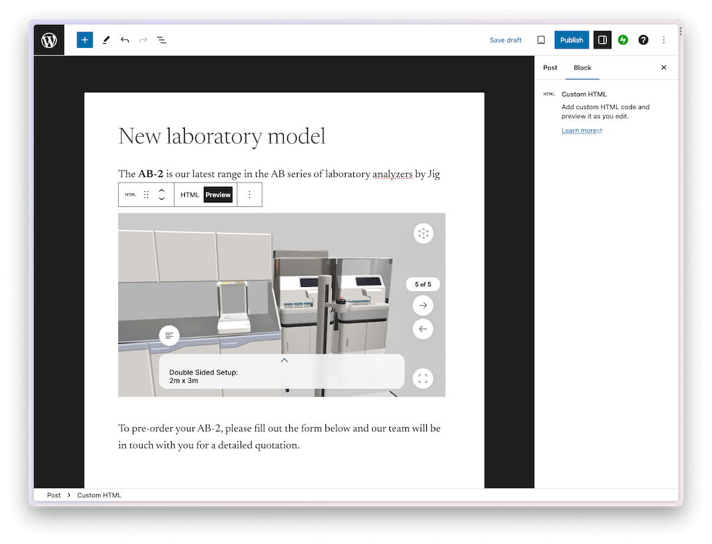 3D models from JigSpace displaying inside the Wordpress CMS editor