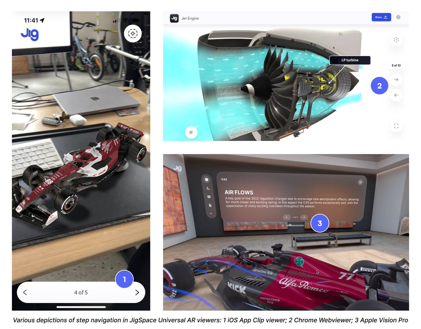 Various depictions of JigSpace navigation in iOS App Clip viewer WebAR viewer and Apple Vision Pro