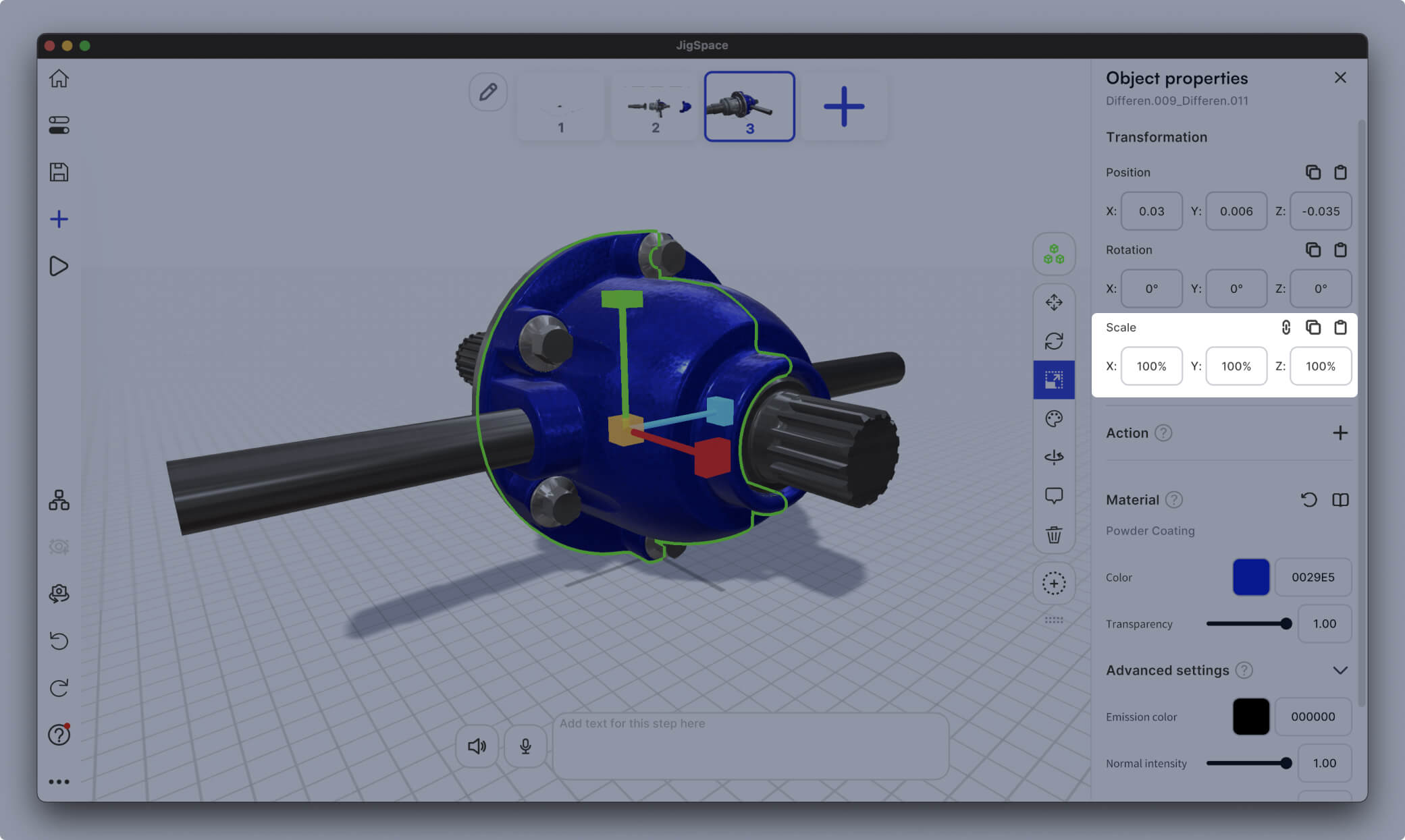 Resizing an object scale properties using the object property panel on JigSpace desktop app