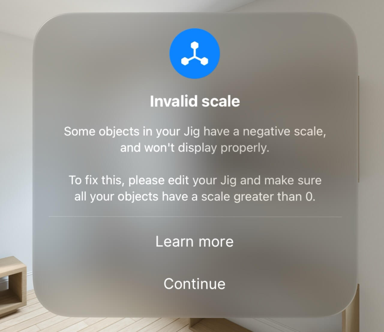 Example of invalid scale warning displayed in JigSpace for Apple Vision Pro app