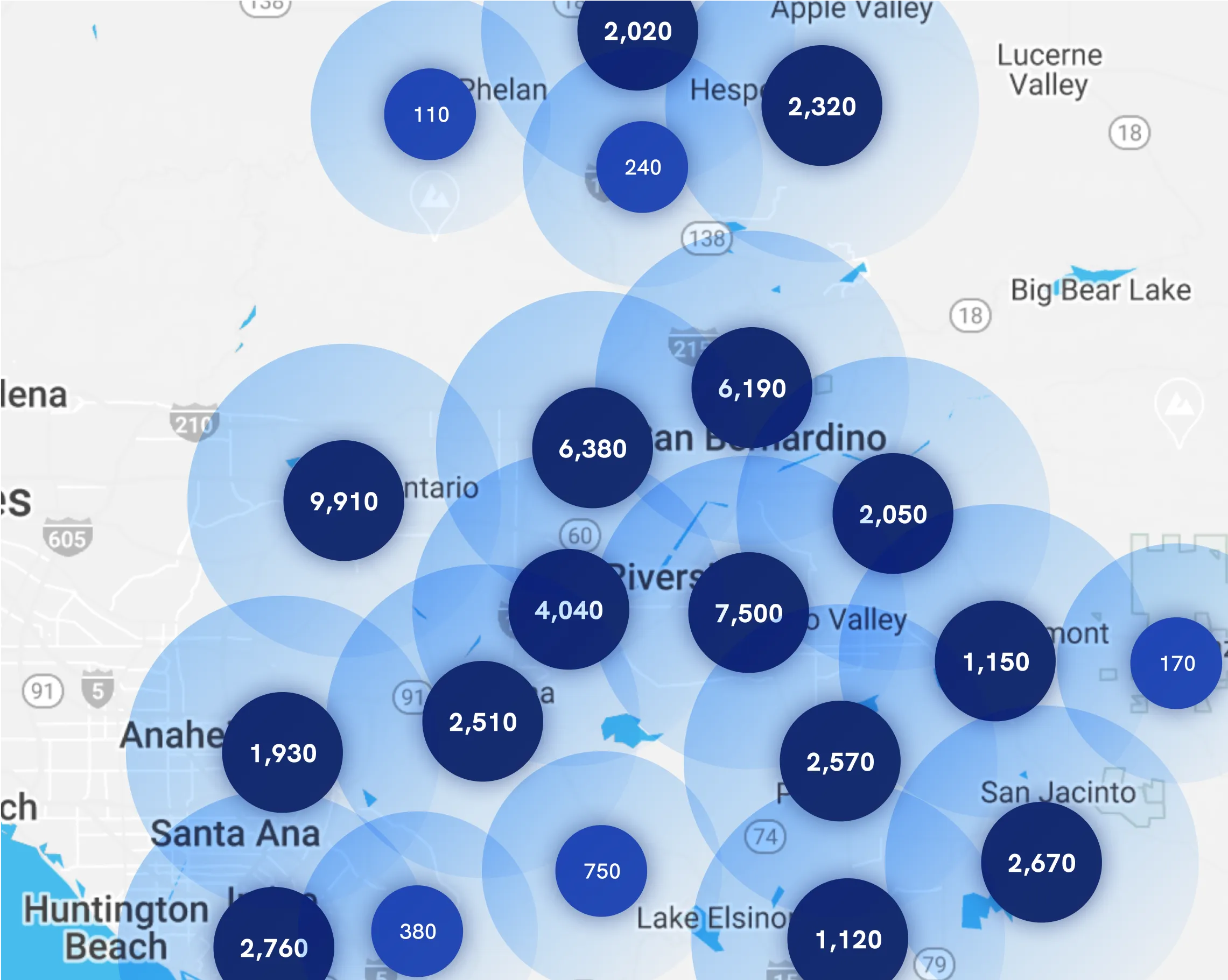 Map of Instawork staffing coverage in the Inland Empire, California