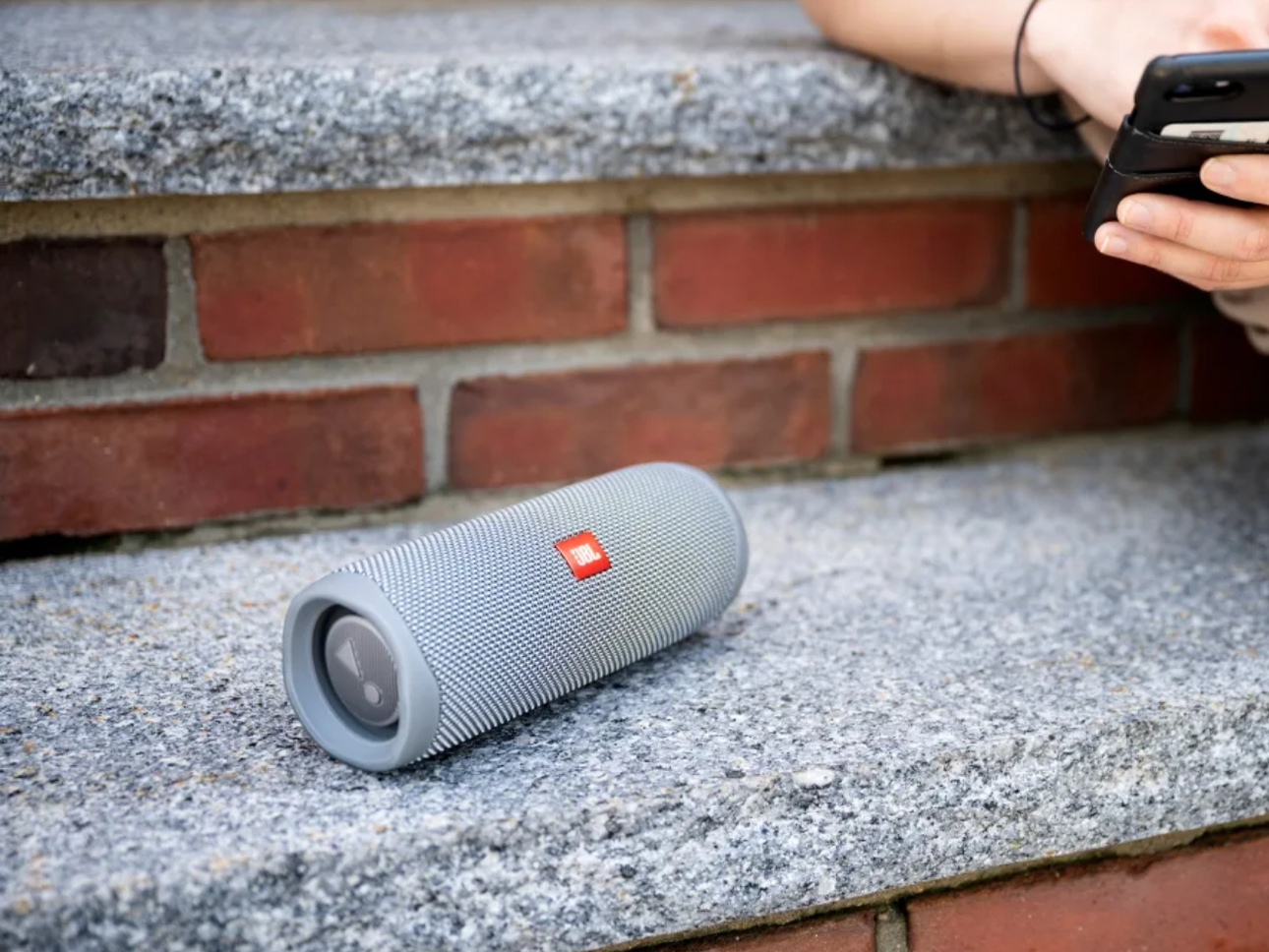 JBL bluetooth speaker outside.