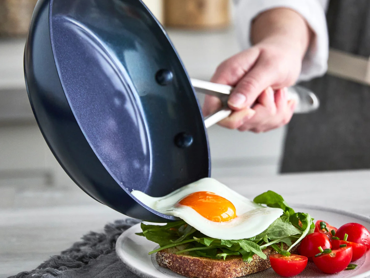 Blue Diamond pan cooking eggs. 