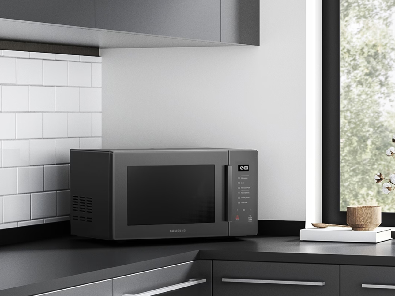 Samsung microwave in the kitchen. 