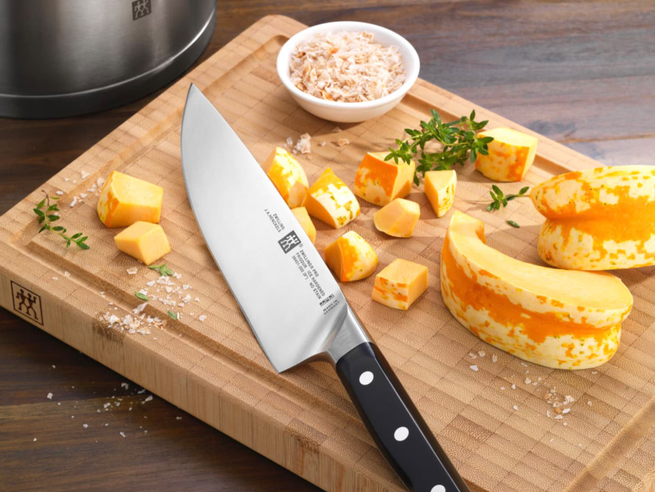 Zwilling knife on a cutting board. 