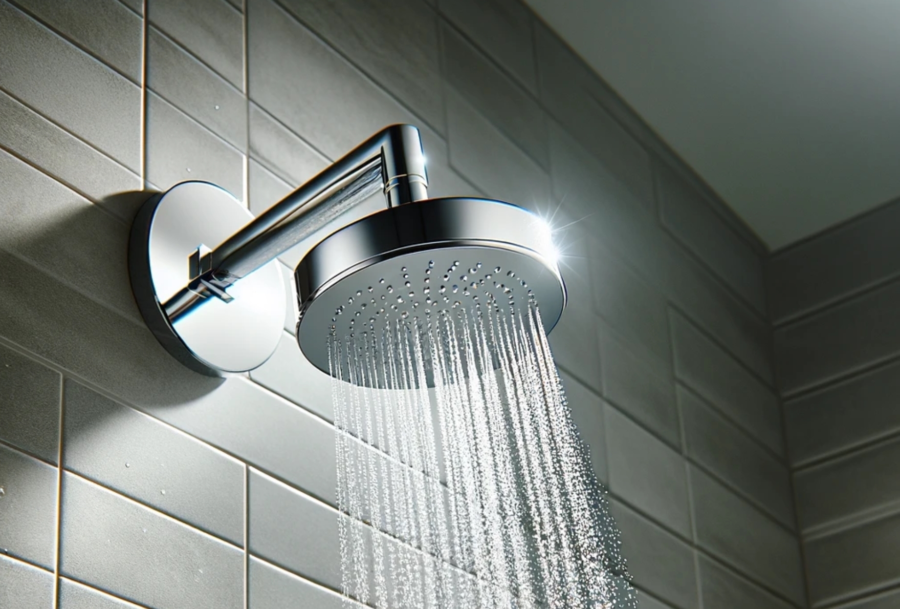 Lowe's shower head in modern bathroom with water flowing.