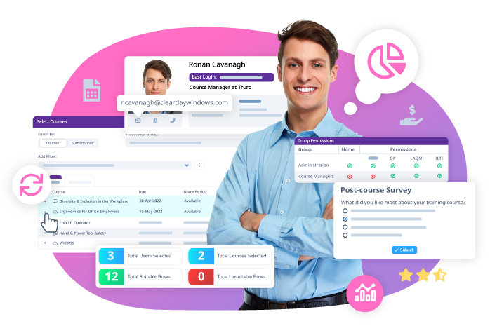 Smiling man with arms crossed, surrounded by SmarterU’s training management features. 