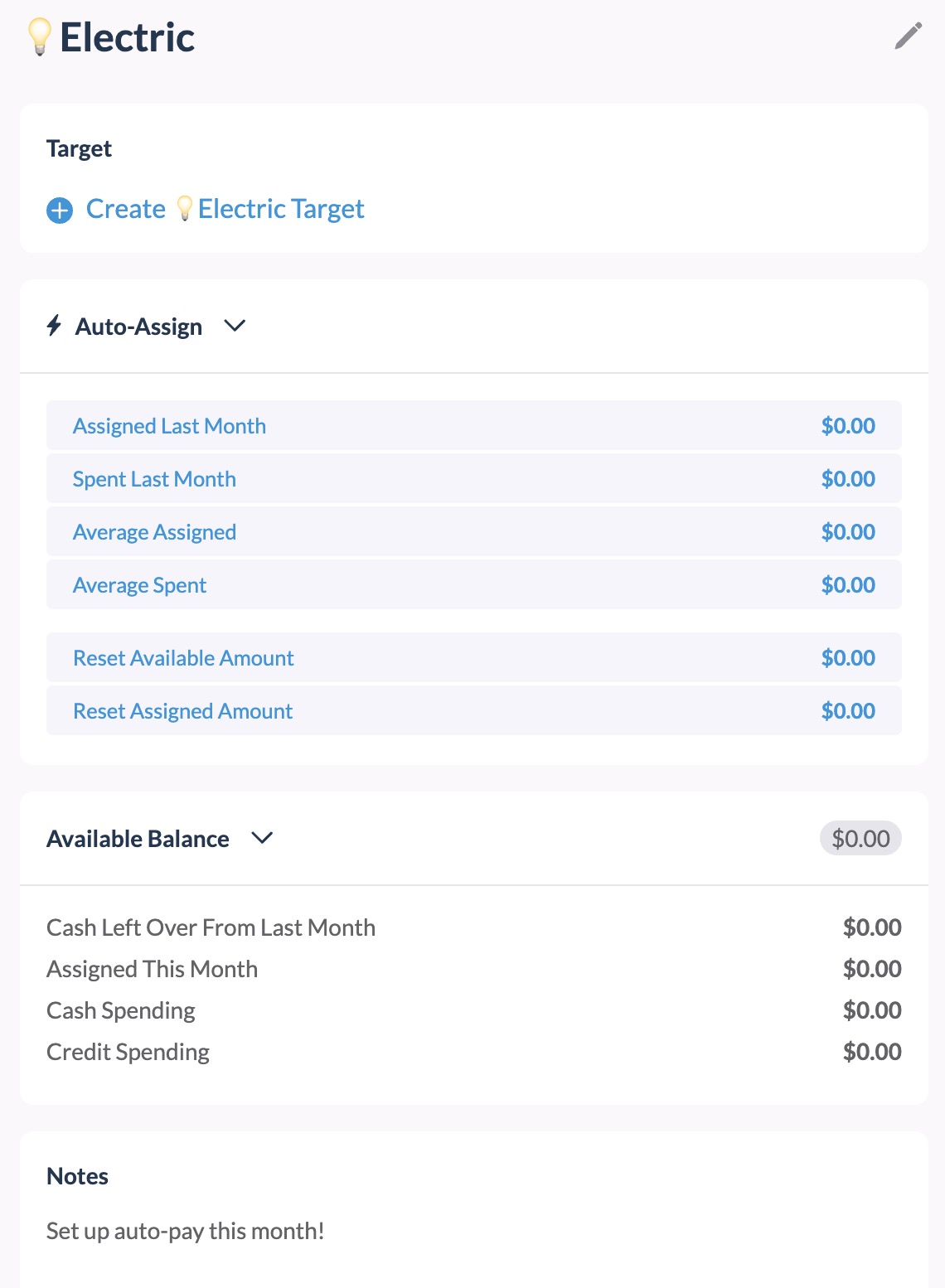 The notes section of a YNAB budget reminding the author to set up auto pay for the month 