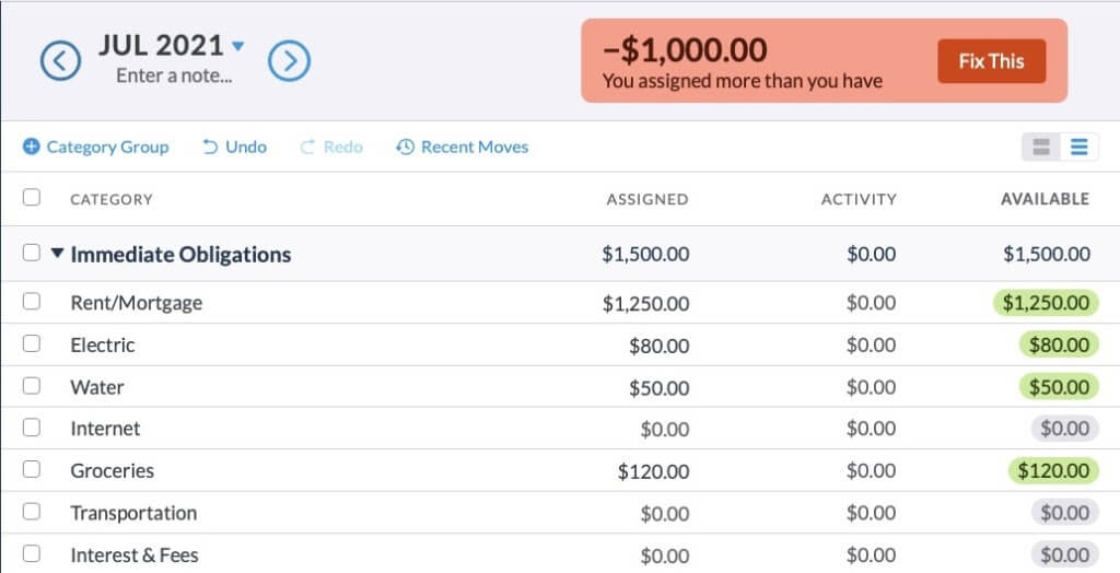 A budget screenshot showing that $1000 that you don't actually have has been assigned.