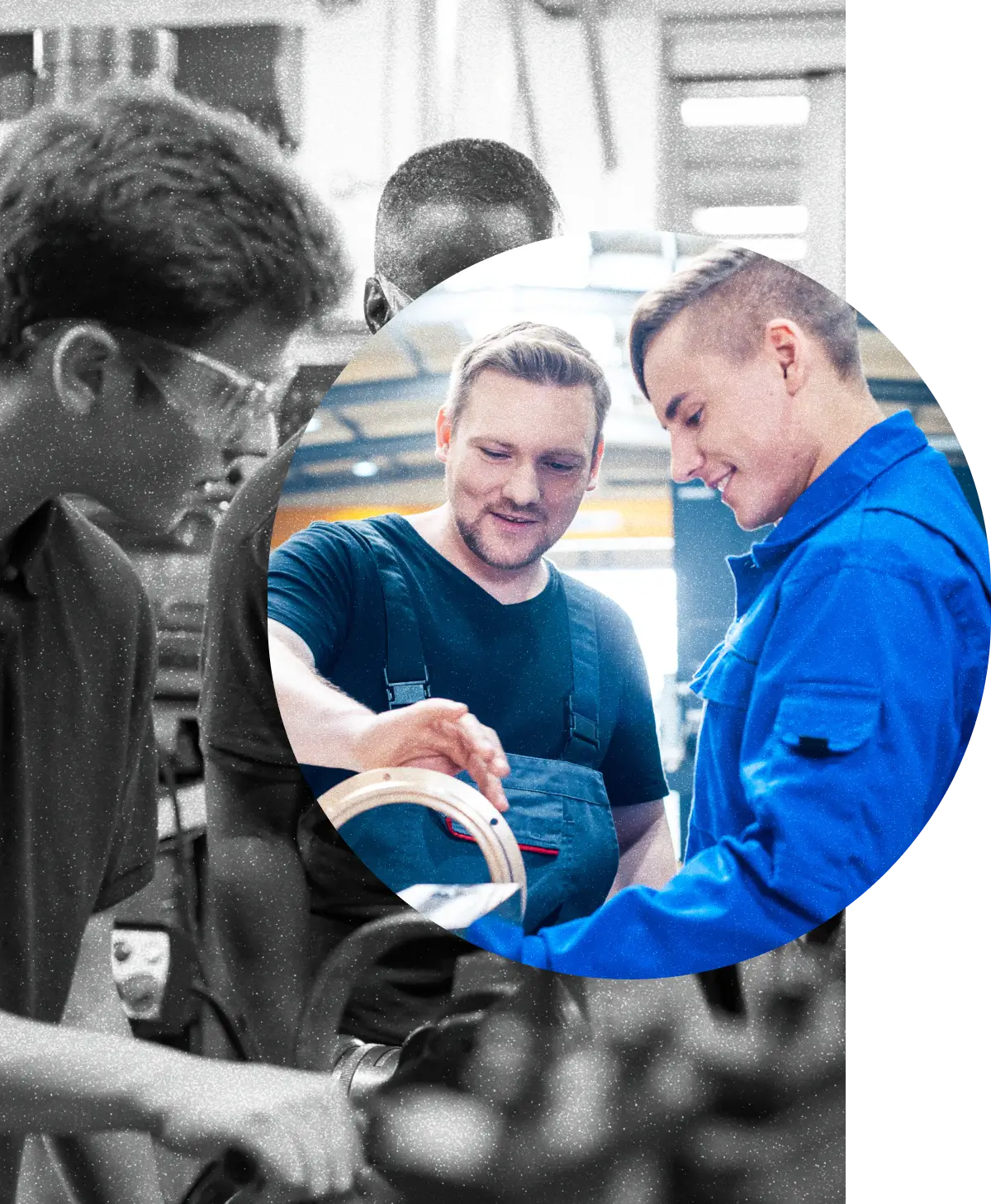  Two employees discuss their processes to find the most efficient solution