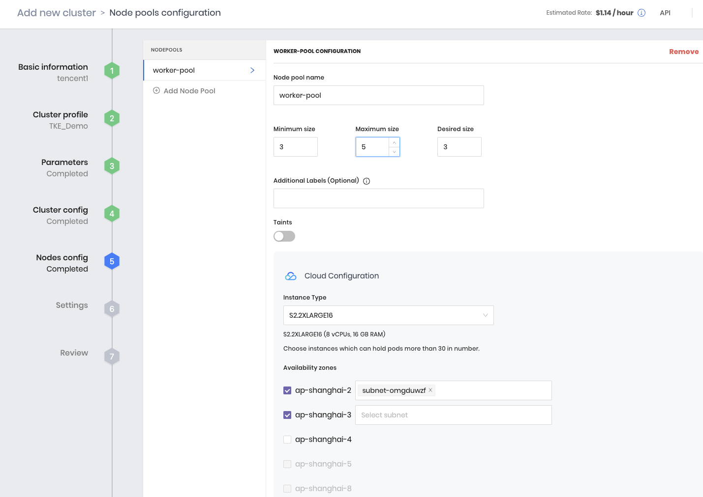 node pools config in your cluster profile