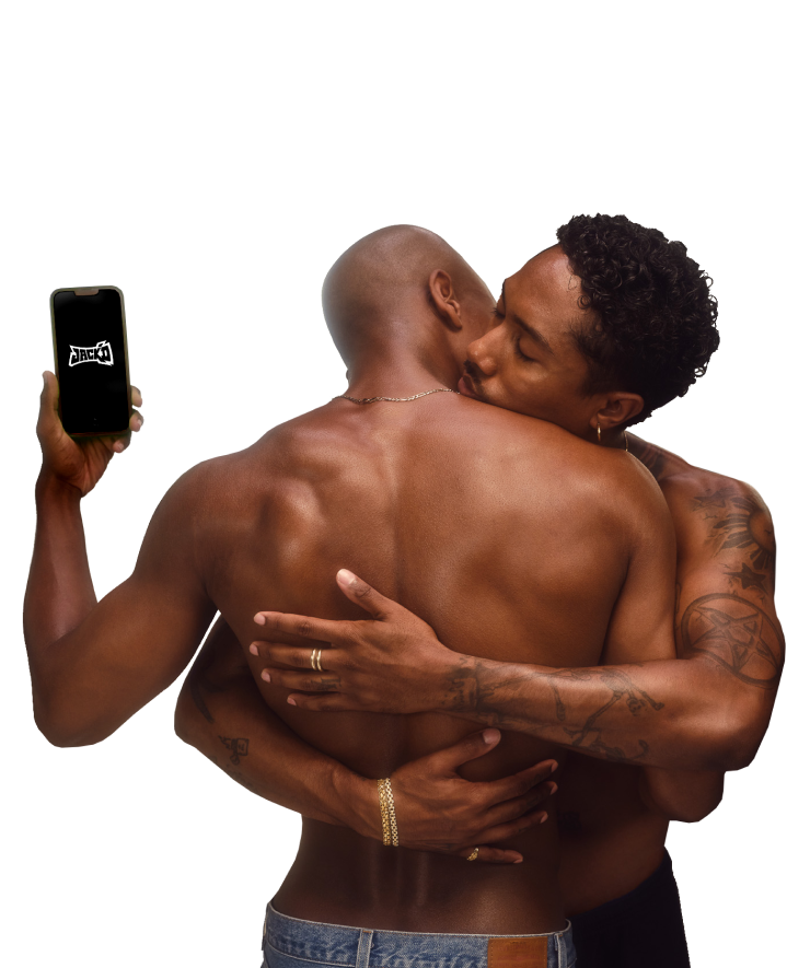2 men embrace in a hug with a model facing away from the camera and holds a phone with the jackd logo