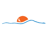 Lake Clear Lodge & Retreat Brandmark showing an L, C, L, and R. The letters surround a blue St. Regis Mountain outline with an orange setting sun with white Eagle outline against the sun.