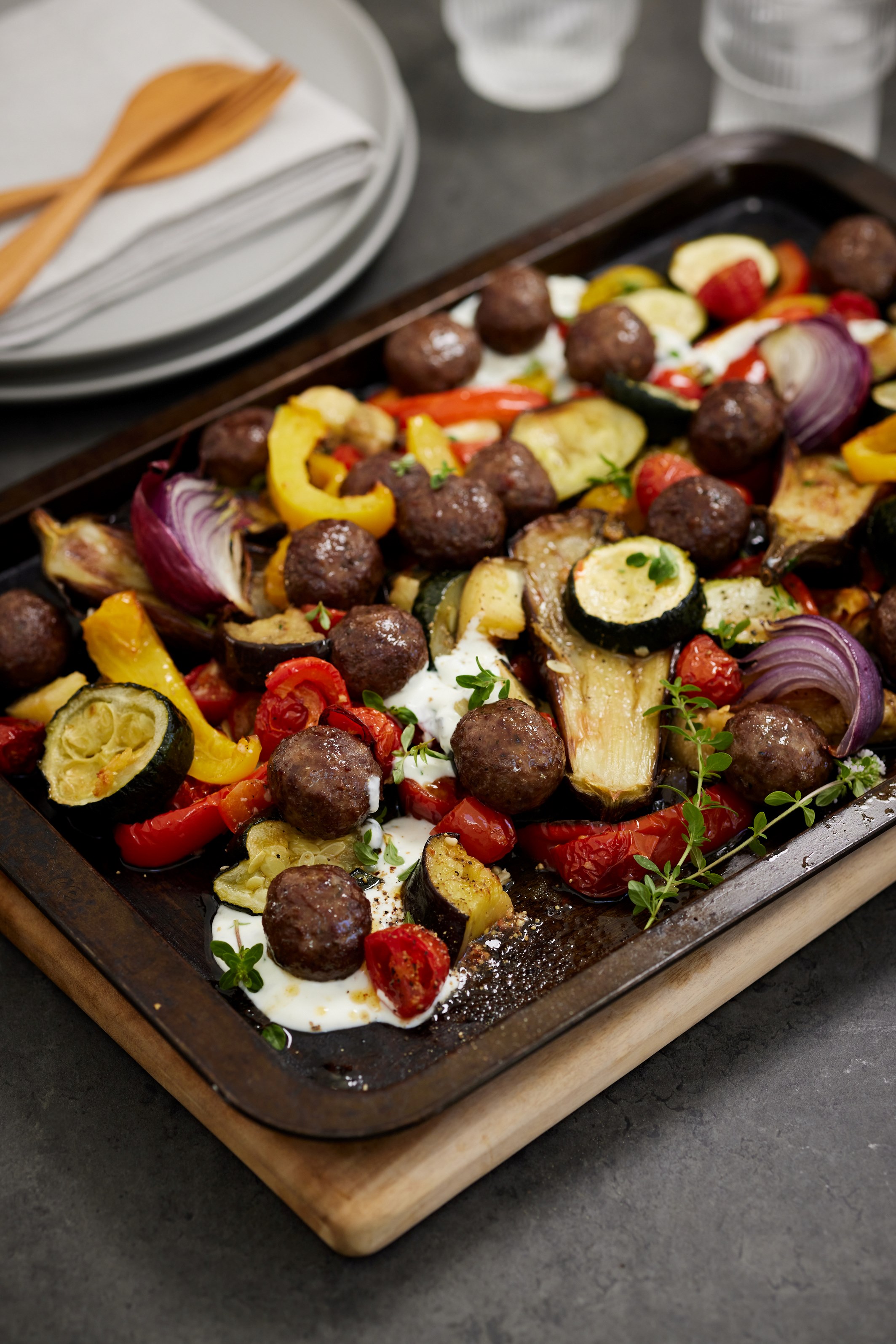 Mediterranean Meatball and Ratatouille Tray Bake Harvey Beef