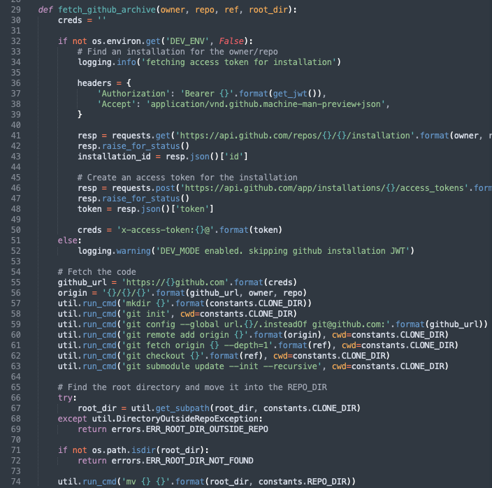 a python snippet from the build agent, showing the fetch_github_archive function, which uses a function called run_cmd to shell out, and references the clone directory we potentially control