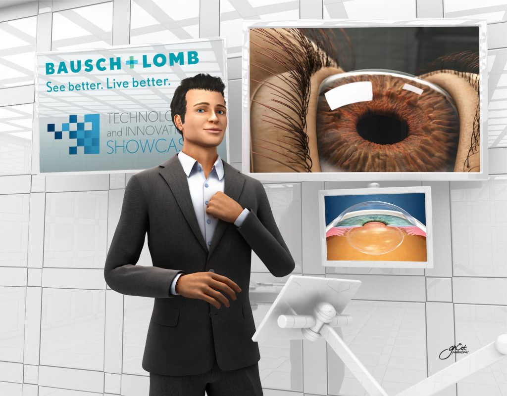 Medical illustration showcasing Bausch + Lomb technology. The image displays a close-up view of the eye with various medical instruments and devices surrounding it. The technology is highlighted with labels and arrows pointing to each device. Experience the cutting-edge Bausch + Lomb technology at the Technology Showcase.