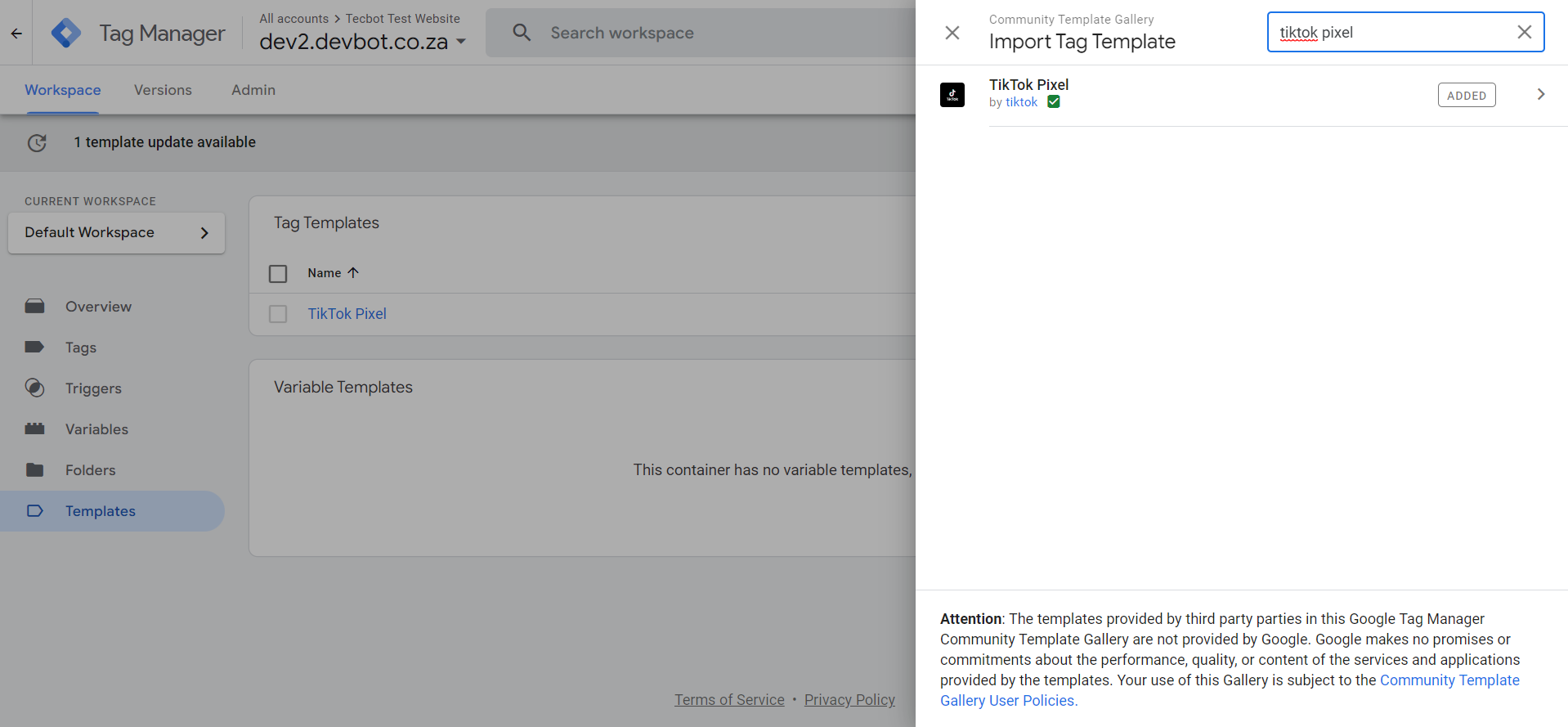 TikTok Pixel template on Google Tag Manager