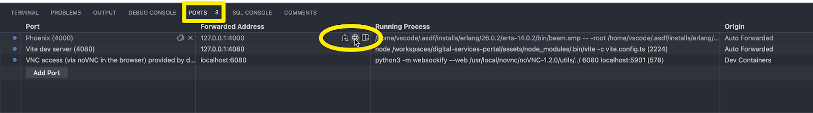 VS Code Ports view showing forwarded ports and allowing to open a port in the browser