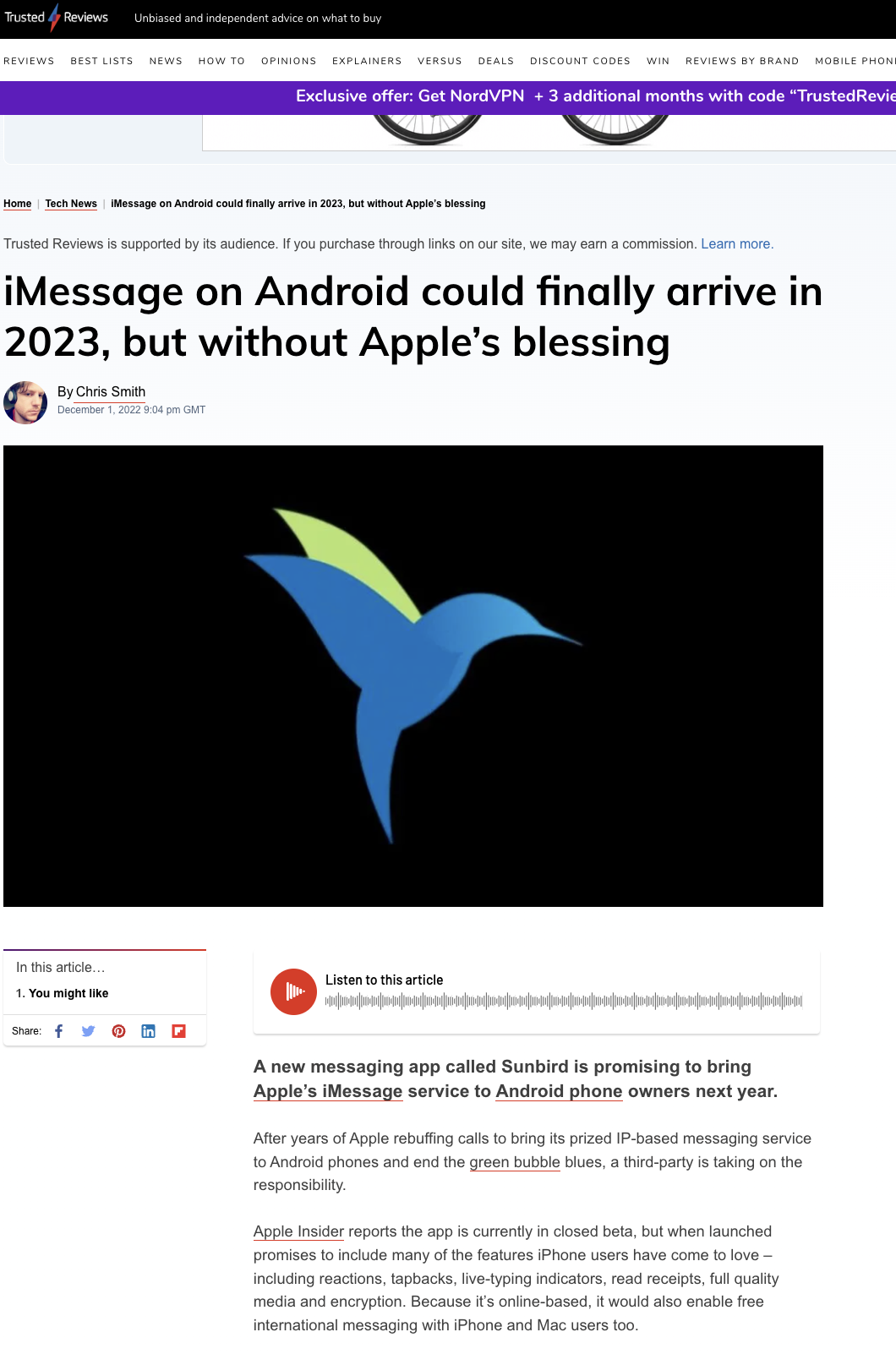 Trusted Reviews discusses the potential arrival of iMessage on Android in 2023 through the Sunbird app, even without Apple's blessing.
