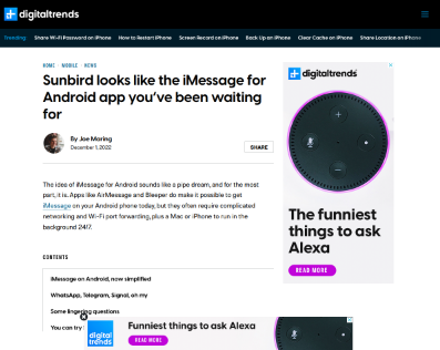 Digital Trends covers the closed beta release of Sunbird app, which could potentially bring iMessage to Android users and resolve the long-standing issue of "blue bubble vs green bubble" bullying.