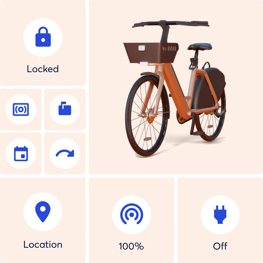 Display of all vehicle information icons and an orange electric bike render.