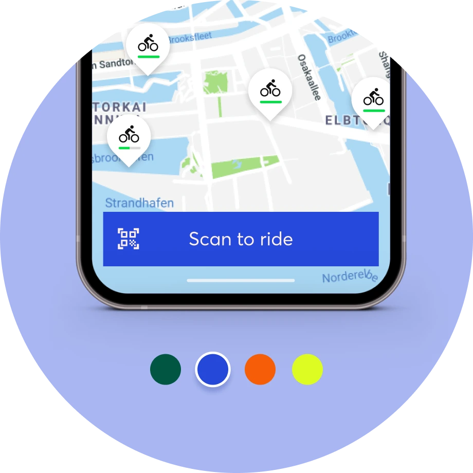 A rounded image of the Wunder Mobility mobile app with a blue scan to ride button surrounded by cycling person point of interest icons, and different color options at the bottom.