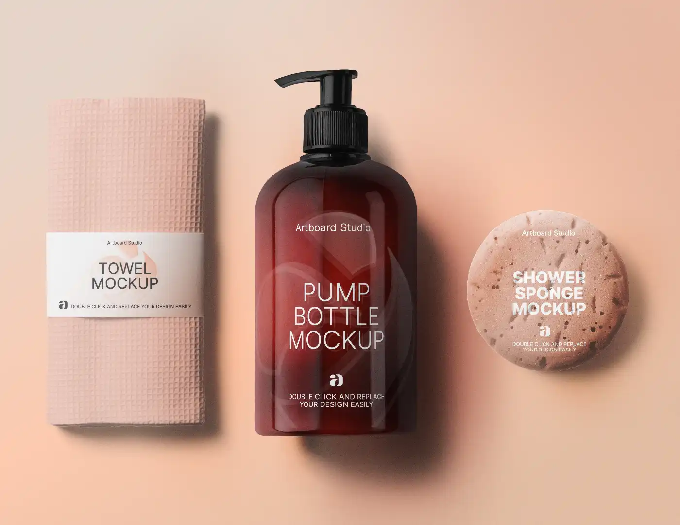 Pump Bottle Mockup With Towel And Shower Sponge — Mockup Zone