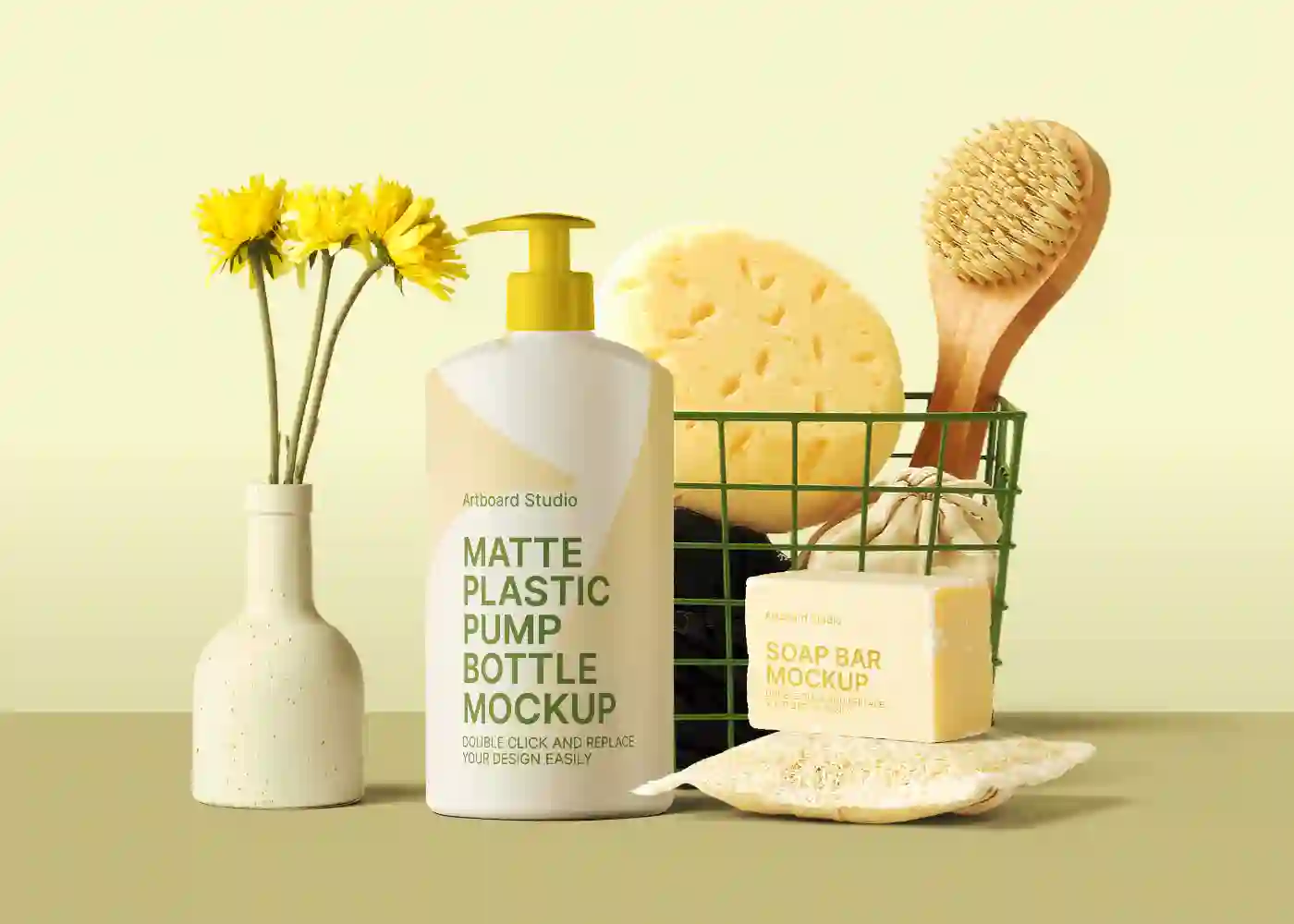 Plastic Pump Bottle Mockup With Bathroom Items — Mockup Zone