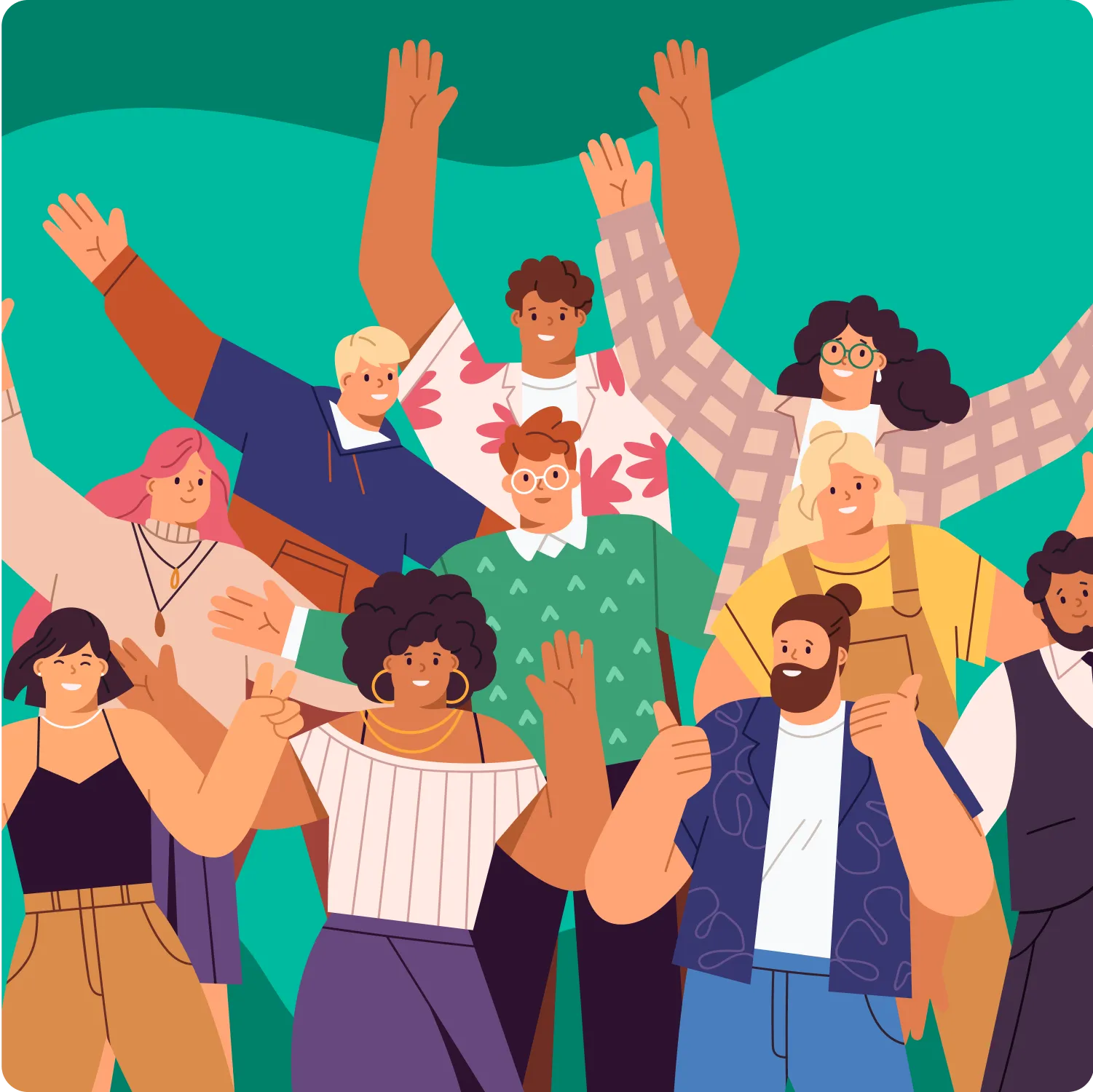 A grouping of cartoon people with their arms in the air