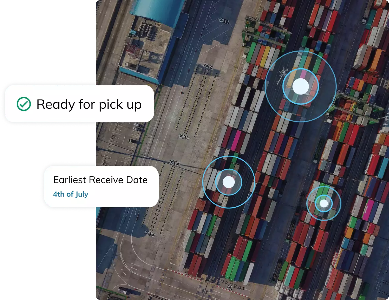 Photo of a port terminal overlayed with interface alerts showing terminal tracking data from Portcast