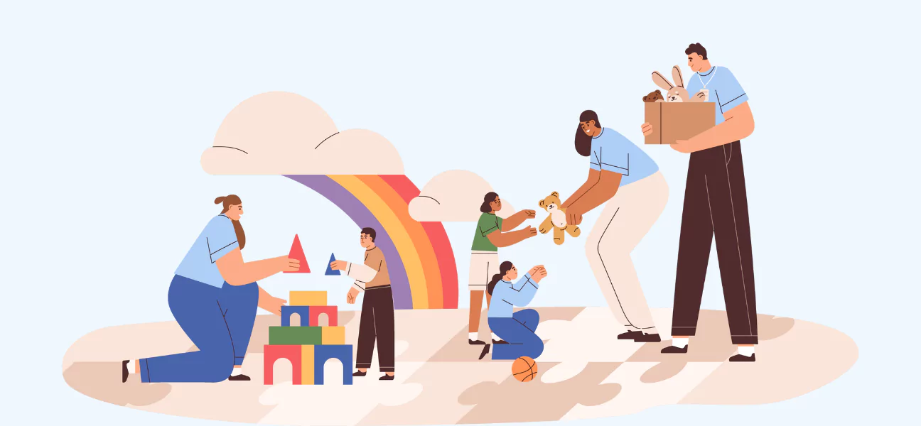 Illustration of community service workers engaging with children and distributing toys under a whimsical rainbow, showcasing a supportive and playful environment typical of community services and support work.