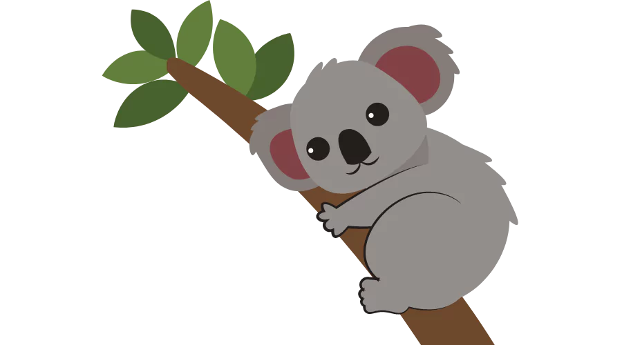 Digital graphic of a cute koala clutching a branch, depicted against a dark background. The koala has large, expressive eyes and a soft grey and white coat, showcasing a charming and endearing appearance typical of Australian wildlife.