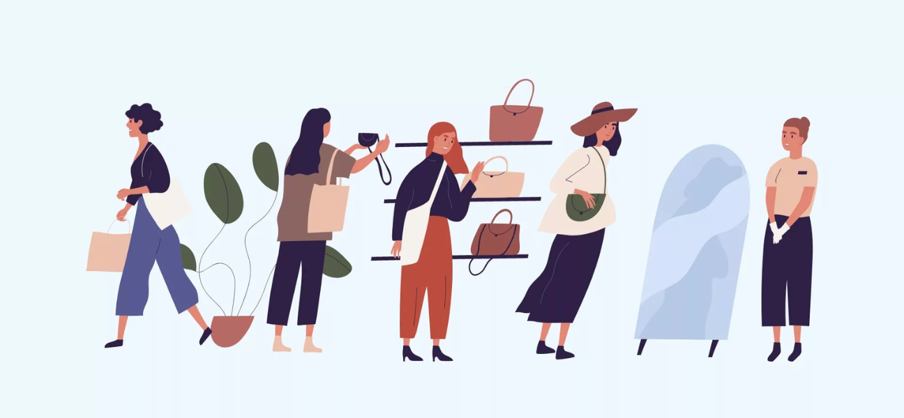 Artwork showing five women engaging in various shopping activities in a boutique setting. From left to right: a woman walks while carrying shopping bags, another examines a camera, the third tries on a handbag, the fourth adjusts a hat while looking in a mirror, and the last stands by a clothing display.