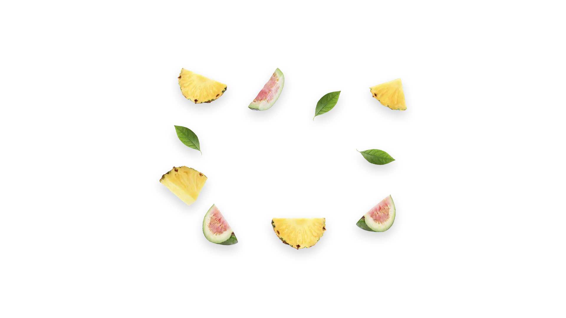 Several pieces of pineapple and guava, and three lemon leaves