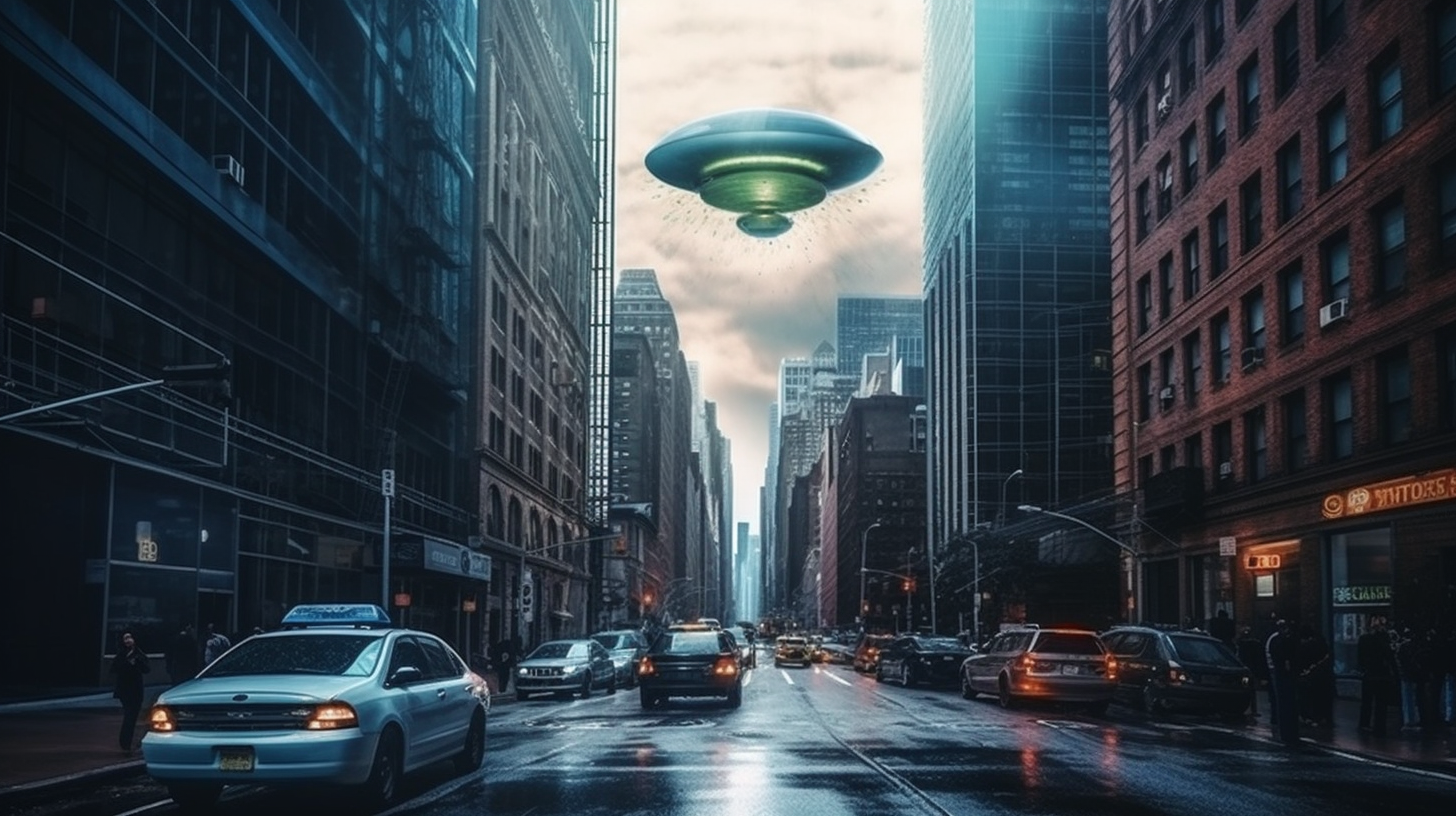 photo of City attacked by aliens, street view among skyscrapers, hyper-realistic, colorful,