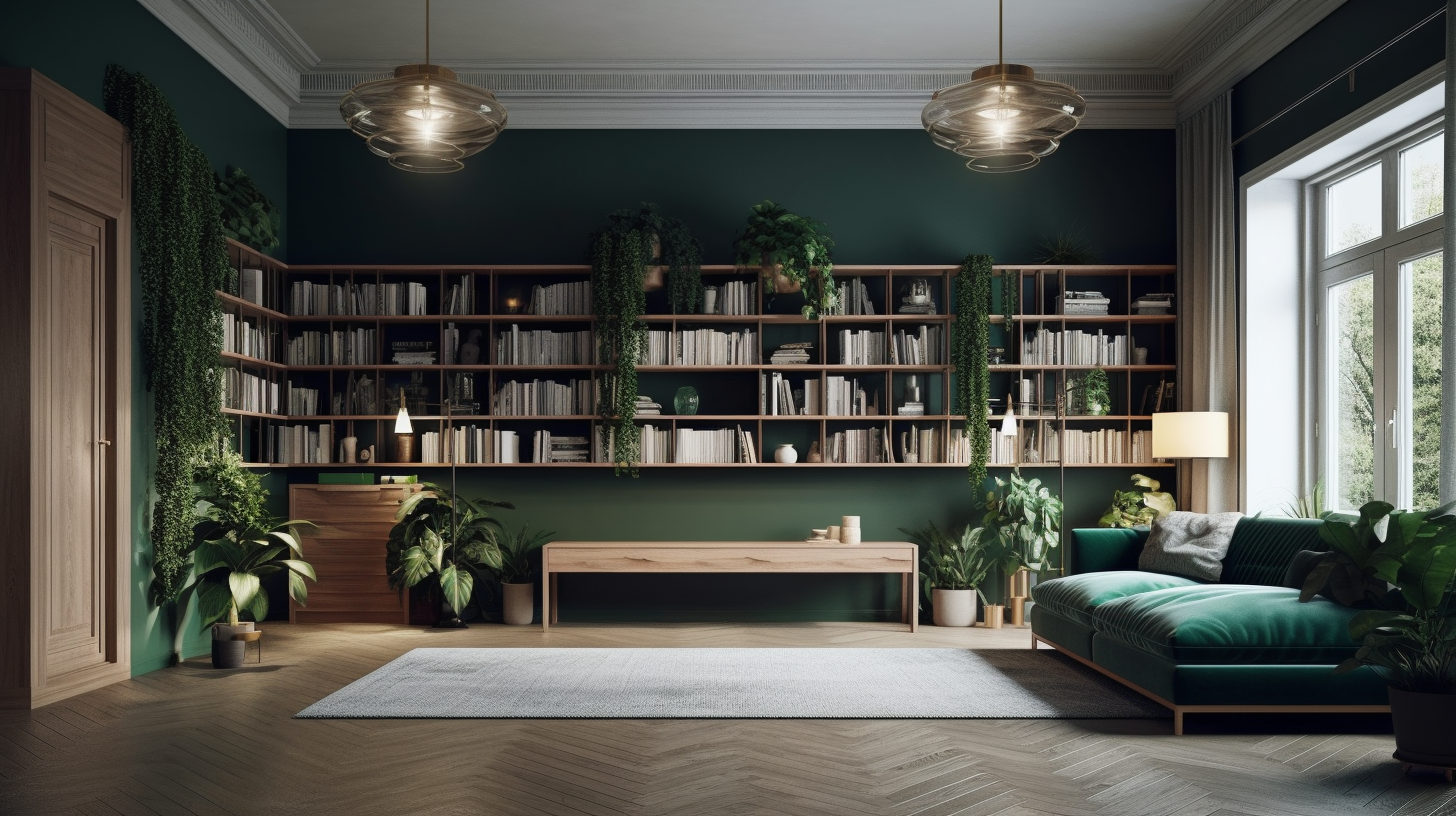 A large living room, long workbench, big book shelf, green color curtains, green plants, super detailed, 3D rendering