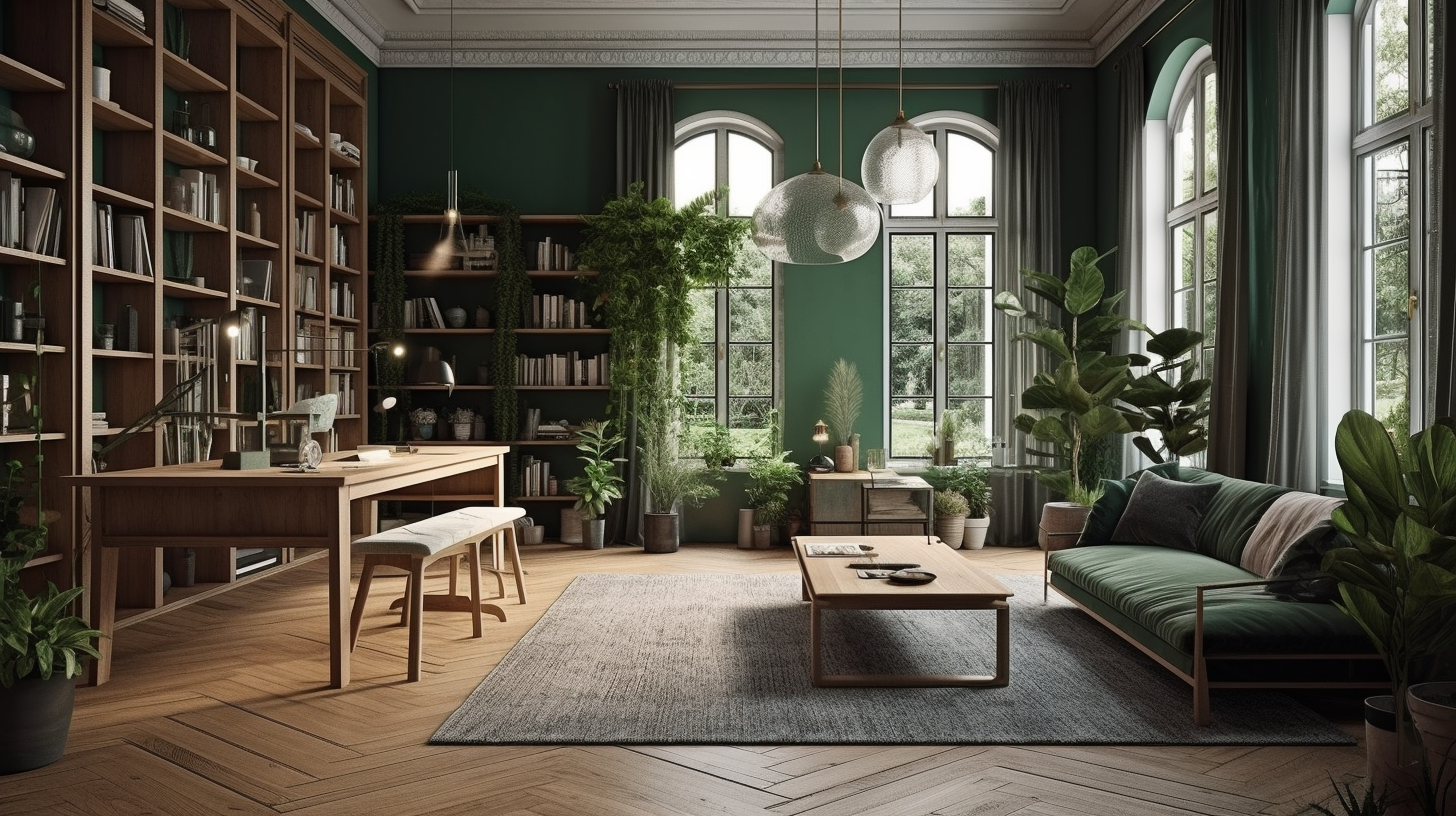 A large living room, long workbench, big book shelf, green color curtains, green plants, super detailed, 3D rendering