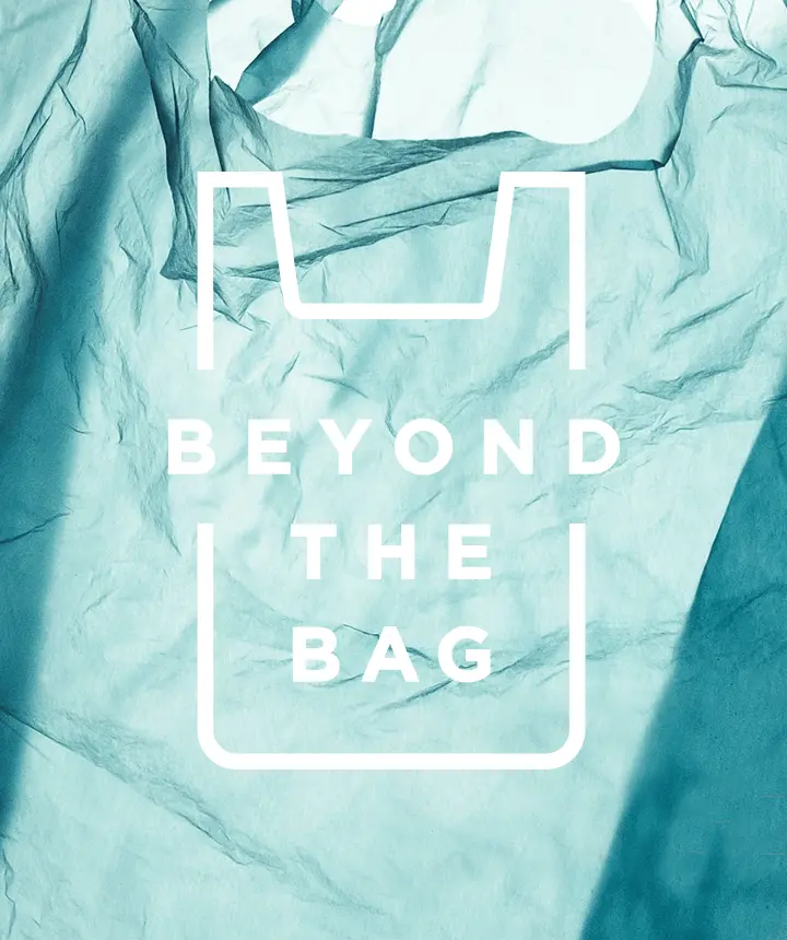 Blue grocery bag with a white Beyond the Bay logo