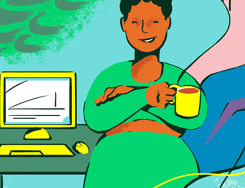 An illustration of a Black woman holding a cup of tea in front of her computer