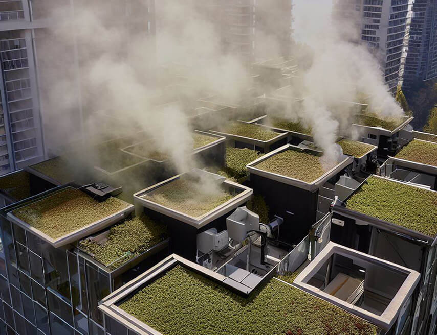 Rooftops of buildings covered with Bio-Shield synthetic sponge.