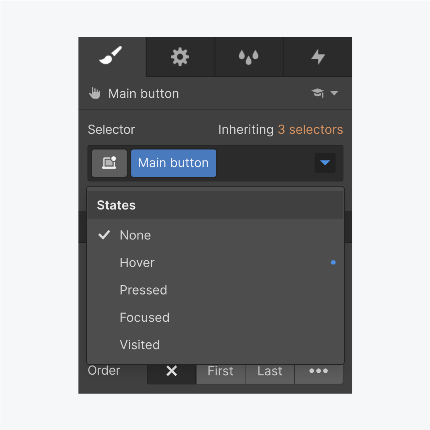 The selector dropdown menu displays five states, none, hover, pressed, focused and visited. None is currently selected.
