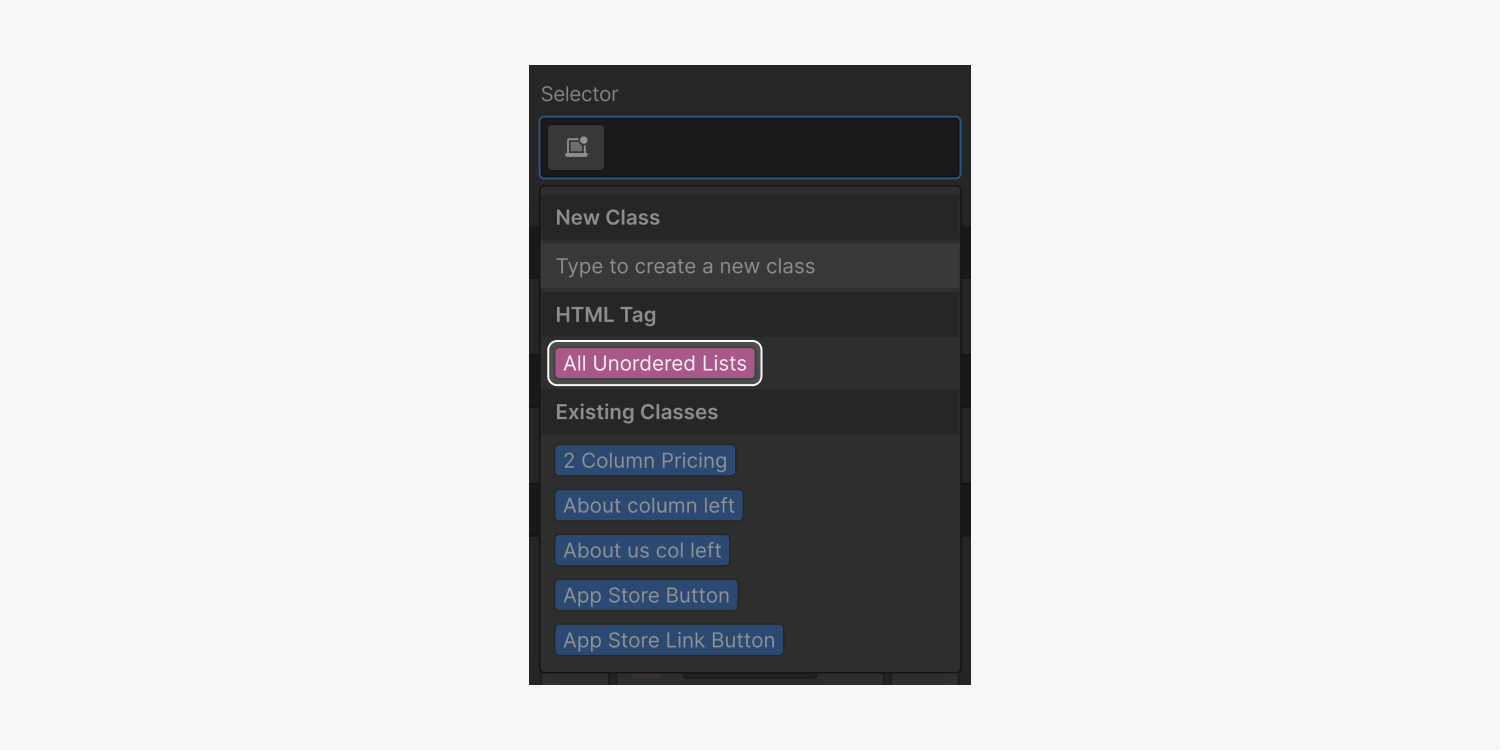 The All unordered lists tag is highlighted in the Selector field dropdown in the Style panel.