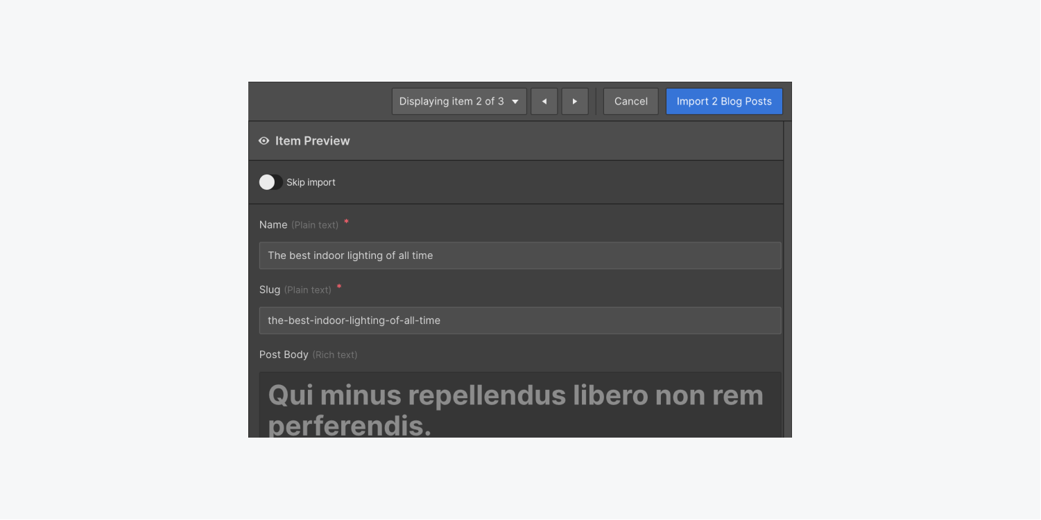 The item preview pane is shown during the import of Collection items.