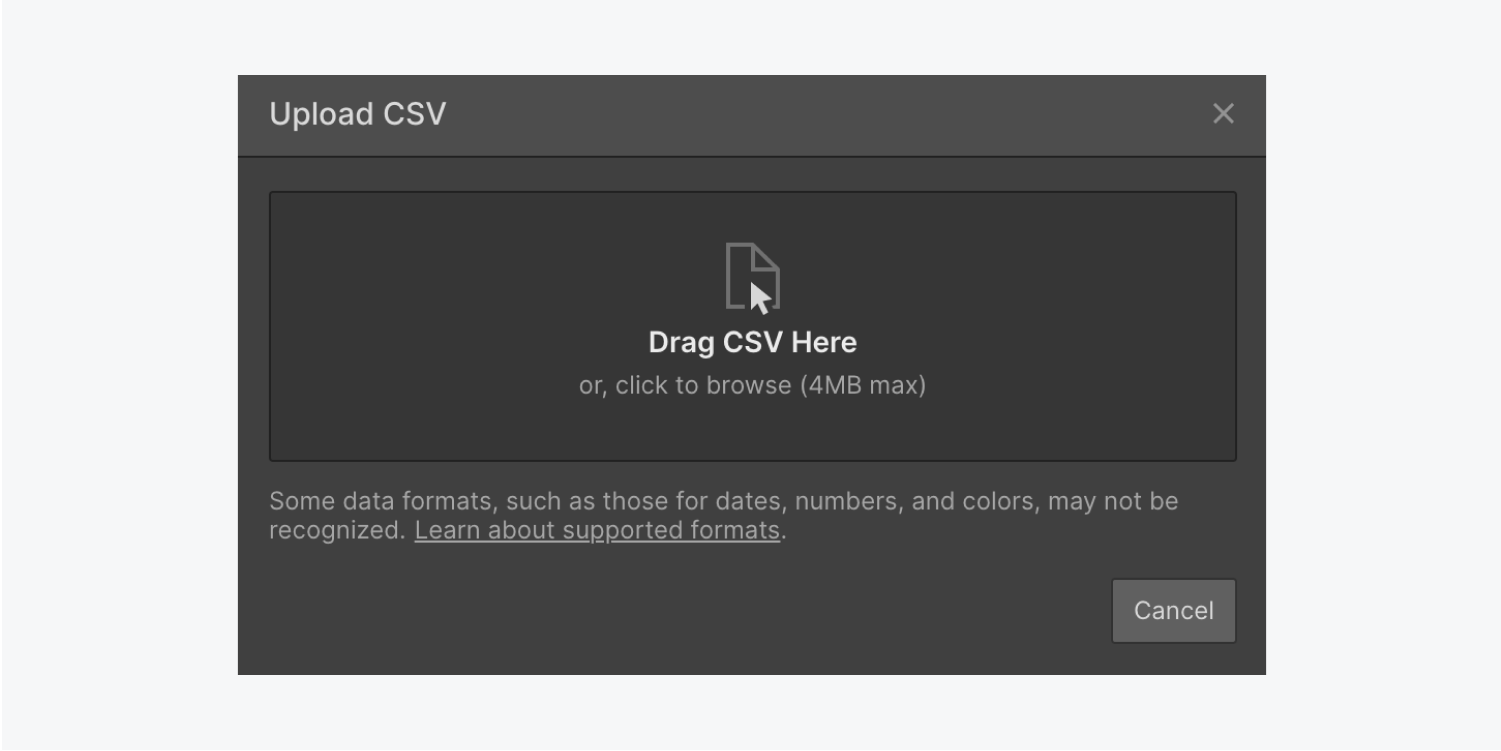 The Upload CSV modal prompts you to drag your CSV into the modal.